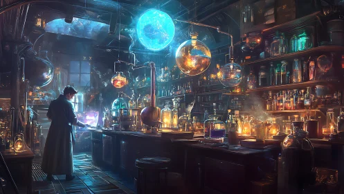 Solitary alchemist manipulates glowing planet over crowded lab