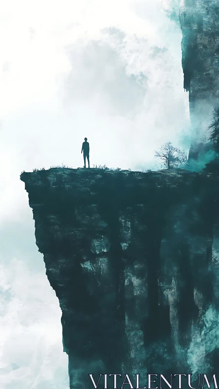Quiet figure on a misty cliff edge between sky and dreams.