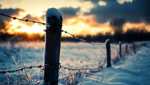 Snowbound barbed wire fence in golden winter sunset glow.