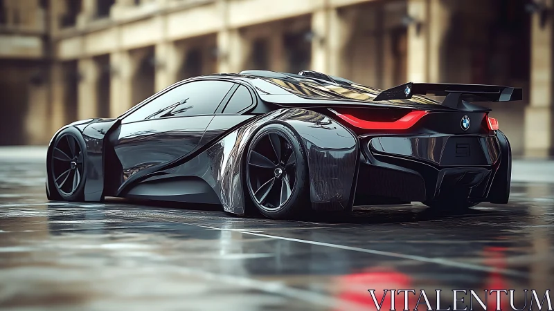 Midnight BMW supercar prowls a rain-slicked urban courtyard.