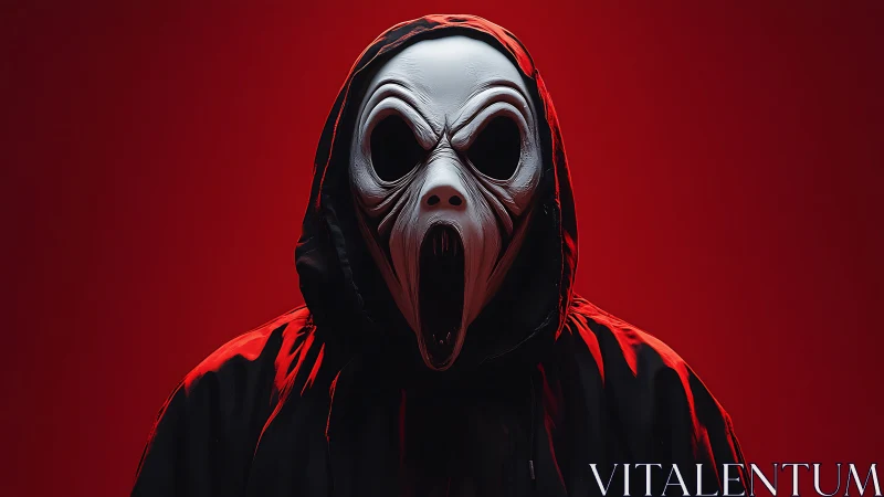 Hooded white horror mask glares against deep red backdrop