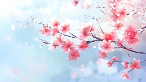 Cherry blossoms drift softly across a pastel spring sky.