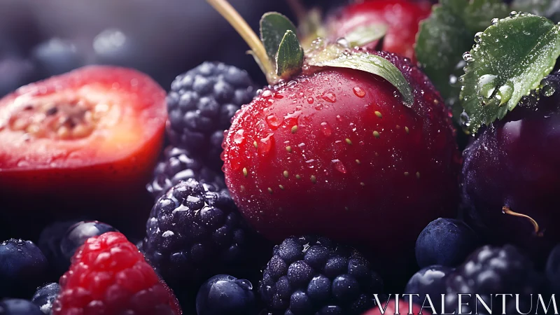 Juicy summer berries and cherries glisten with fresh droplets