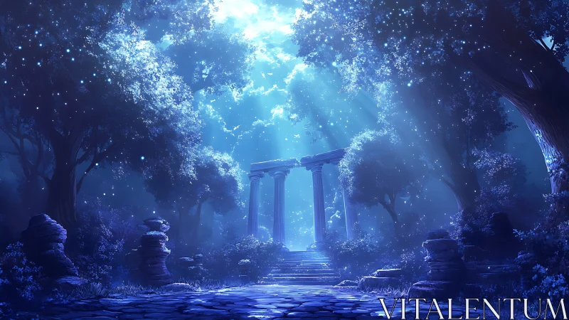 Digital painting of moonlit forest ruins with ethereal columns.