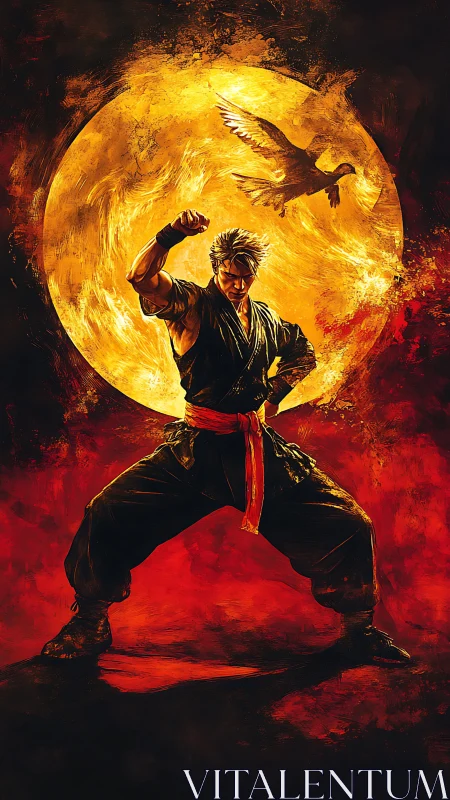 Martial artist under burning moon with soaring bird.