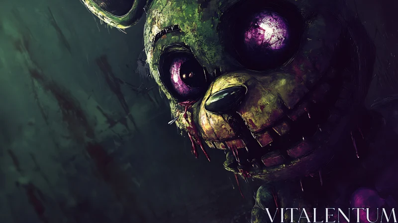 Rotting animatronic rabbit with glowing violet eyes, close-up.