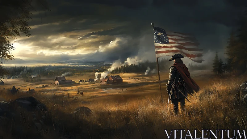 Revolutionary era soldier surveys a stormy battlefield valley