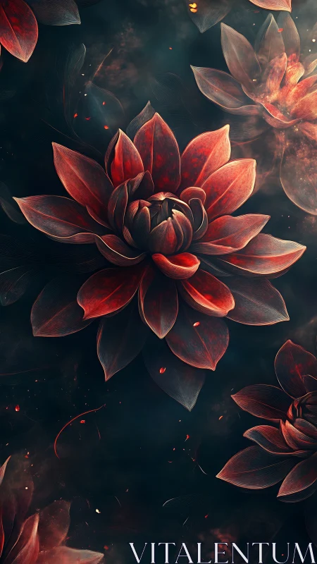 Crimson lotus blooms glow softly against a deep cosmic dusk