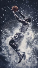 Soaring basketball player rises through swirling white dust