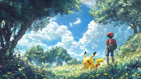 Sunlit meadow journey with a young trainer and friend.