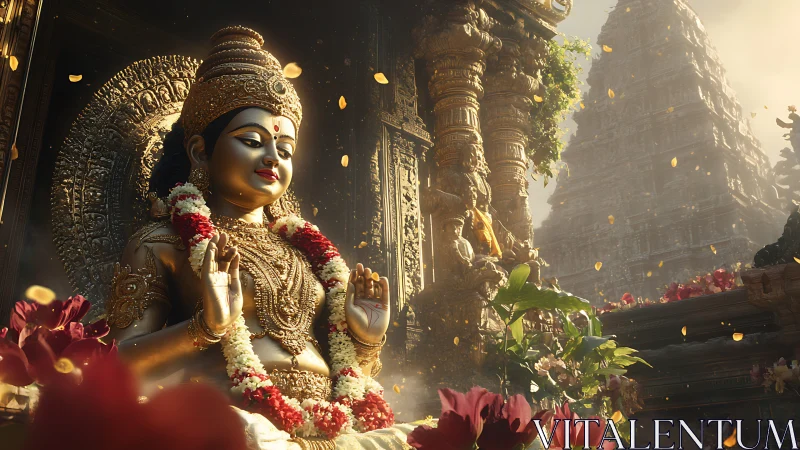 High-detail Hindu deity statue with garlands in sunlit temple courtyard