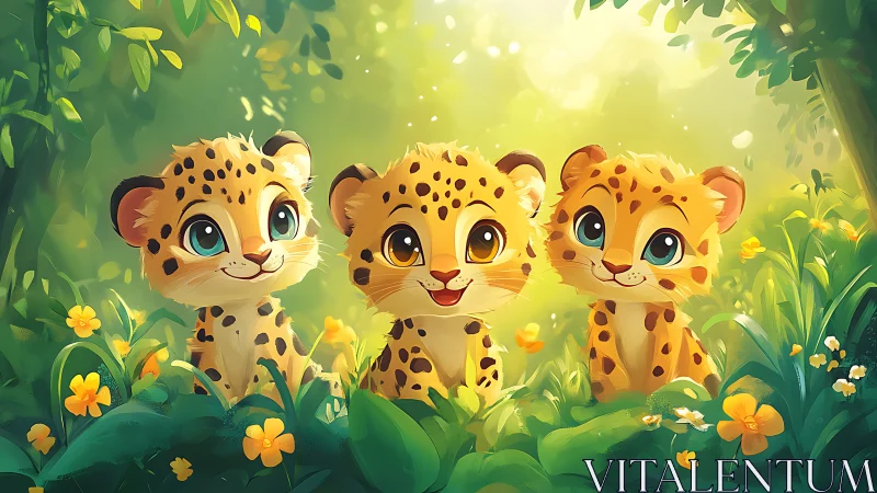 Three Spotted Cubs Strike Joyful Poses in Luminous Garden
