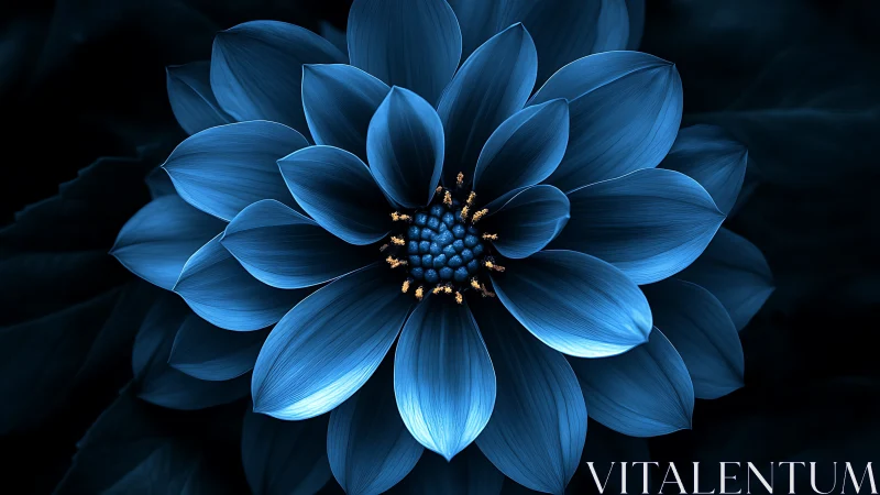 Blue Dahlia with Golden Stamens Against Dark Background.