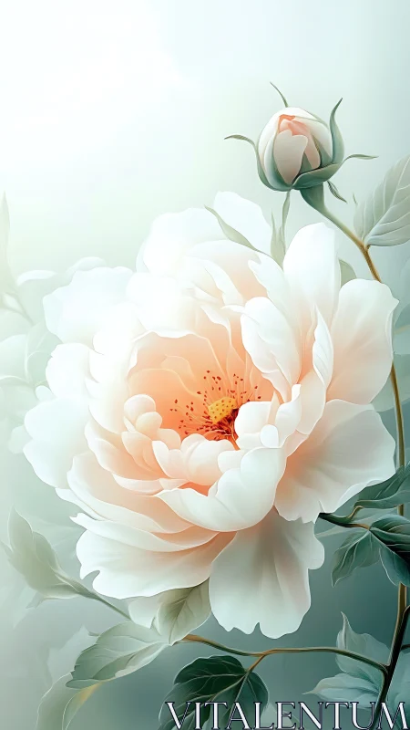 Peony Bloom with Closed Bud in Muted Palette