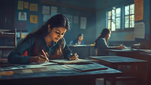 Focused student taking notes in sunlit classroom, realistic style.