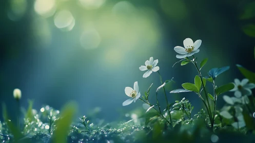 Macro nocturne of white woodland blooms in bokeh haze.