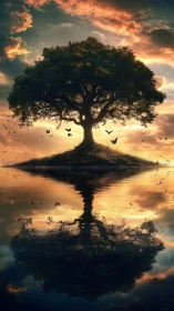 Lone island tree mirrored on calm water at sunset