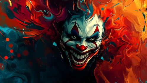 Vivid fiery clown portrait swirling with playful chaos.