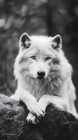 Silver wolf reclines in monochrome stillness, eyes quietly fierce.