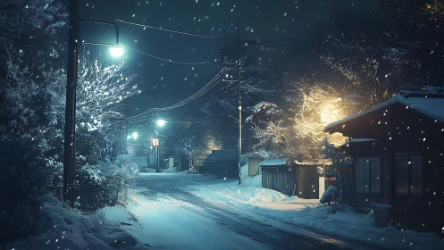 Snowy village street glows under cold winter night lights