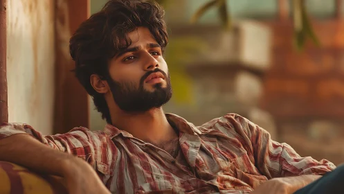 Cinematic portrait of pensive man in warm golden-hour light