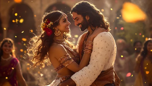 Romantic embrace adorned in golden light with festive celebration.