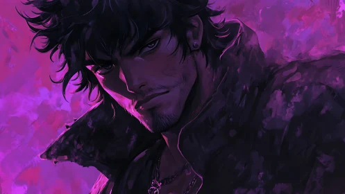 Brooding nightwanderer drowned in electric magenta haze.