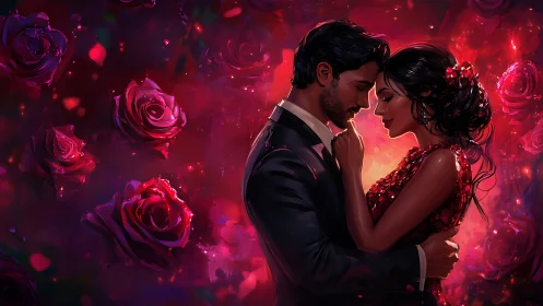 Romantic Embrace Beneath Luminous Rose Garden.