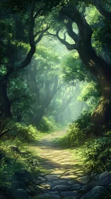 Enchanted Forest Path Through Ancient Trees.