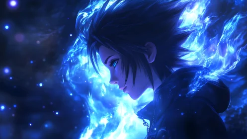 Starglow wanderer crowned in blue cosmic wildfire.