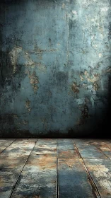 Worn blue plaster wall with weathered plank floor surface.