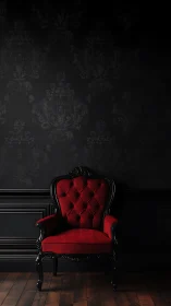 Baroque red velvet armchair in dark tonal interior composition.