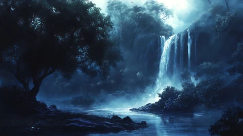 Moonlit waterfall cascades through misty forest gorge