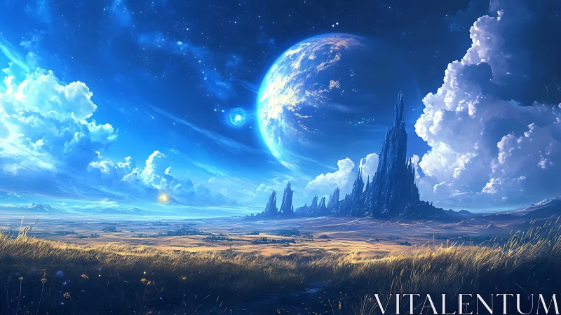 Twin planets hover above crystalline spires and sunlit plains