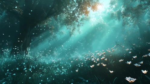 Sunlit forest clearing displays flowers and drifting petals