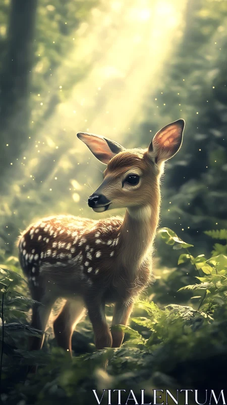 Young fawn standing in soft forest light with dust motes.