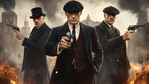 Triad of armed gangsters advances through burning period city street