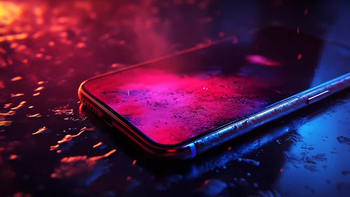 Neon-illuminated smartphone on wet surface, high-gloss optics.