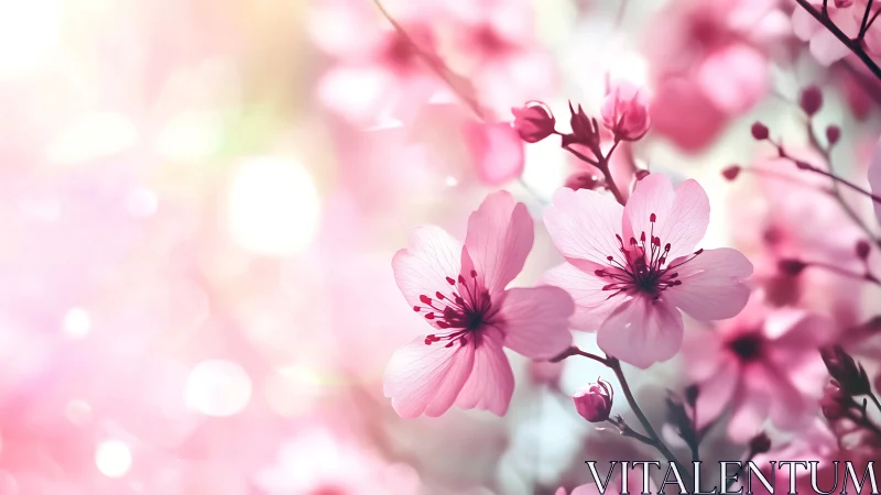 Delicate pink blossoms dance in soft, dreamy spring light