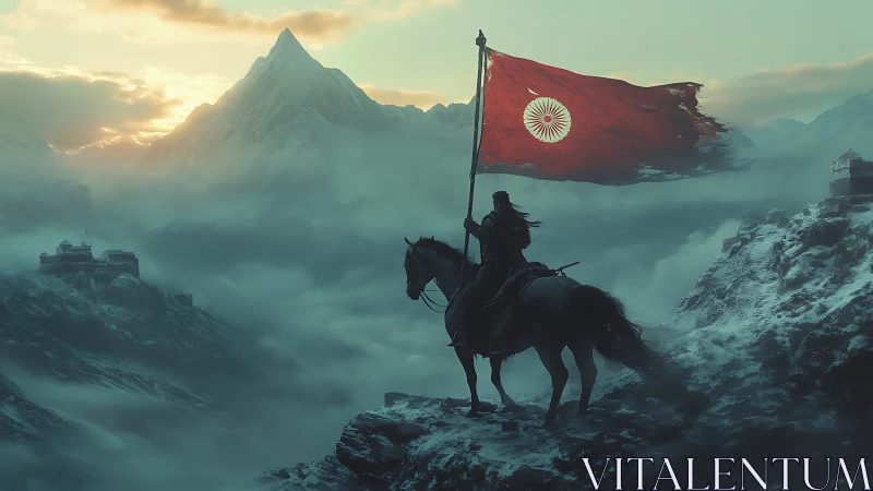 Horseback warrior raises red flag above misty mountains