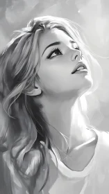 Monochrome digital portrait depicts upward facing female subject