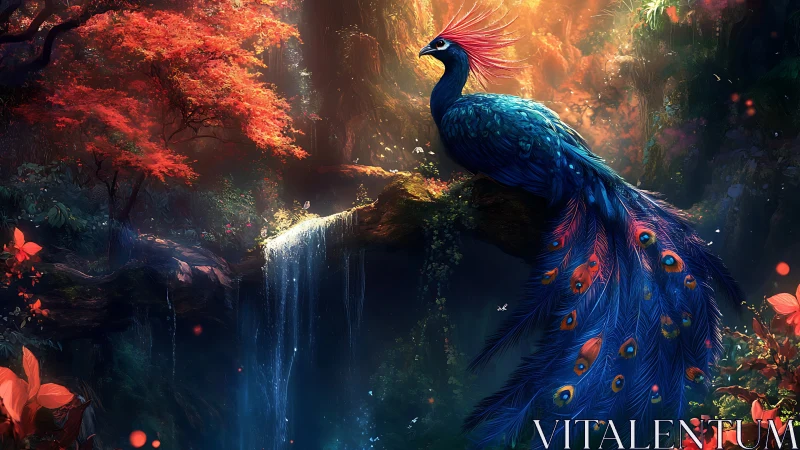 Mythic sapphire peacock above glowing forest waterfall.