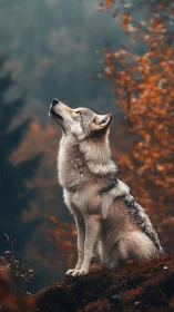 Wolf sits on forest slope and looks upward in autumn light