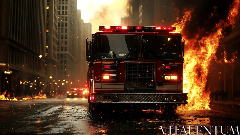 Fire engulfs urban street with emergency response vehicle advancing through inferno