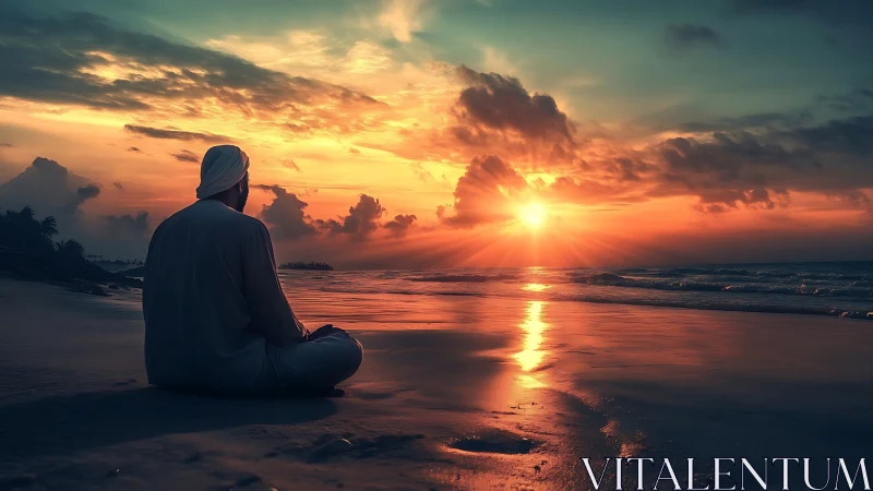 Solitary figure contemplates radiant ocean sunrise glow.