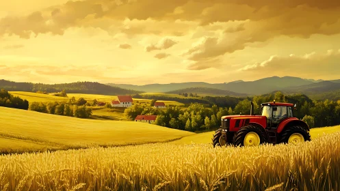 Red tractor moves through golden wheat fields at sunset