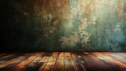 Cozy rustic room with warm wood floor and aged teal wall.