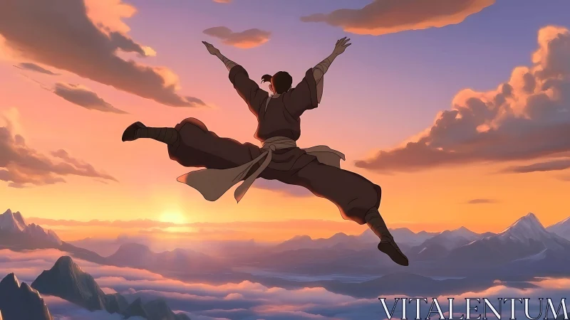 Silhouetted figure in wide leap over layered mountain clouds.