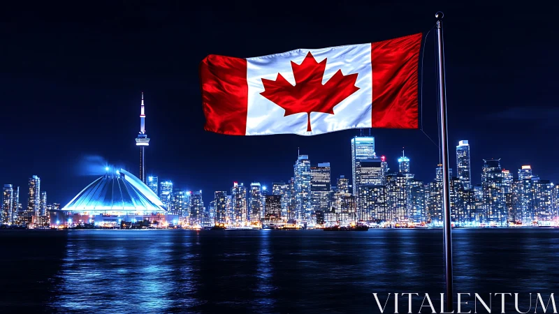 Canadian flag above illuminated Toronto skyline at night.