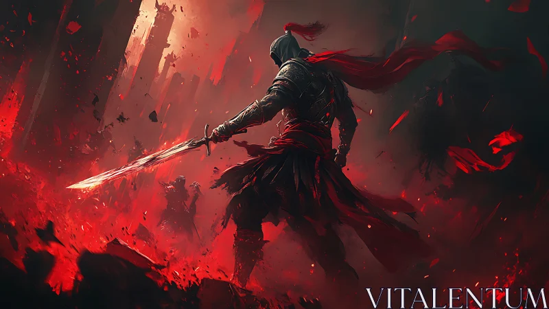 Scarlet war phantom strides through embers of a ruined world.
